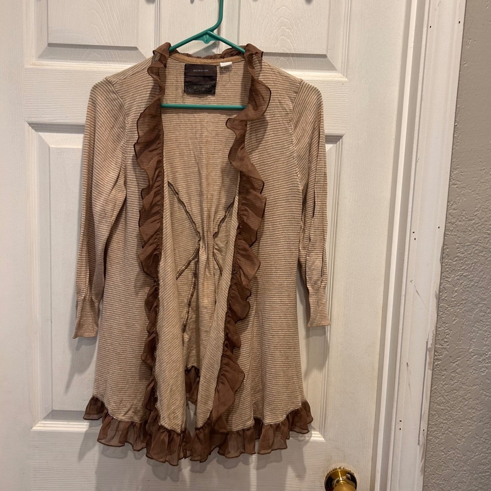 Guinevere Cardigan Brown Striped Ruffle Trim‎ Striped Open Front Sweater Large